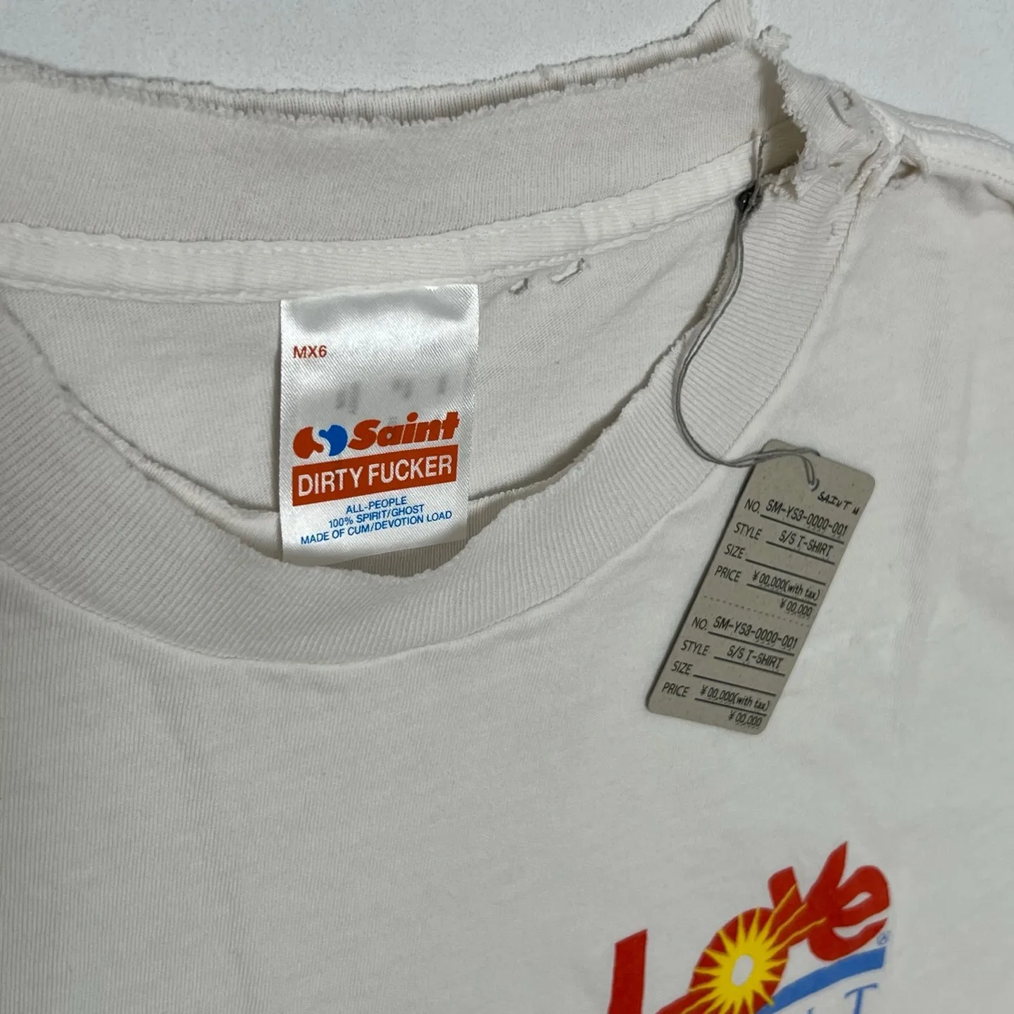 SAINT Mxxxxxx 25SS LOVE_SS TEE/WHT LOVE little sun destroyed washed distressed short sleeves off-white S-XL rainbow OE yarn original version consistent tube woven side seam fabric re-washed distressed craftsmanship of cut and damaged holes hand-made graffiti splashed ink original consistent main mark/wash mark/little angel anti-counterfeiting mark